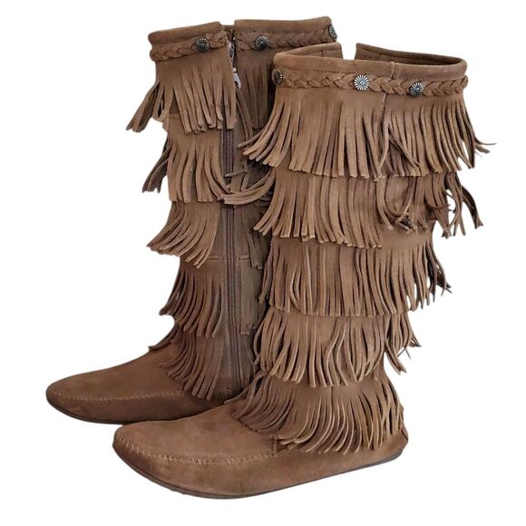 Minnetonka Women's Moccasins Boots Size 11 Brown Suede 5-Layer Fringe - Picture 1 of 8